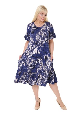 Damenkleid mit Rüschentaschen und blauem Batikmuster in Übergröße - 1