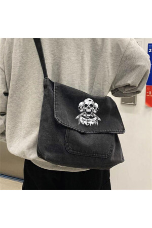 Day Light Triple Skull Bedruckte Vintage Unisex Grau Denim Messenger Bag - 3