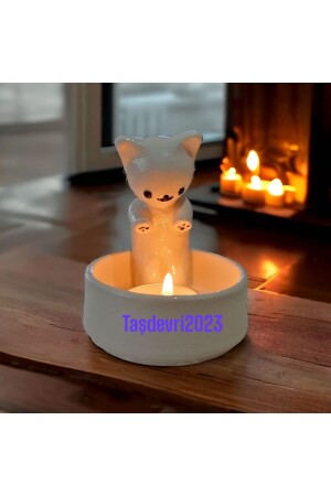 Dekoratif Ateş Başında Isınan Kedi Tealight Mumluk tas54545766 - 2