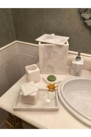 Dekoratif Beyaz Mermer Düz Kare Sılver Detaylı 7 Li Banyo Seti Takımı BEYAZKARESILVERBANYO7 - 4