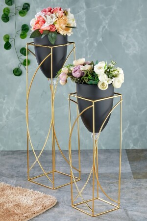 Dekorativer Blumentopf mit schwarzem Metallfuß, 2 Stück. Blumentopf mit goldenem Fuß, dekorative Blumentopfvase - 2