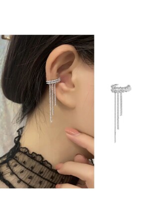 Deliksiz Sıkıştırma Zincirli Ear Cuff Manşet Küpe Gümüş Kaplama - 2