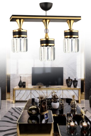 Derin 3 Lü Caka Kristal Taş Siyaha Gold Modern Avize 3016 - 6