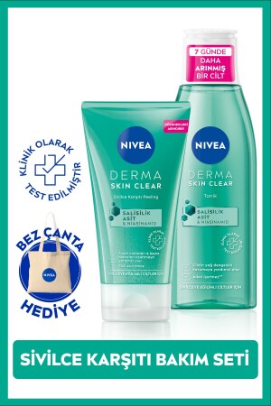 Derma Skin Clear Sivilce Karşıtı Yüz Temizleyici Peeling 150 ml, Tonik 200 ml,Bez Çanta Hediye SET.NVE.893 - 1