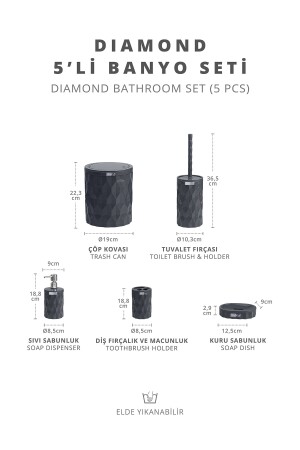 Diamond Antrasit Click Kapak 5'li Banyo Seti OKY-467-A - 7