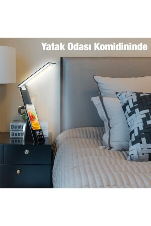 Dijital Saatli 15w Kablosuz Şarjlı Led Işıklı Katlanabilir Masa Lambası Beyaz 35278 - 6