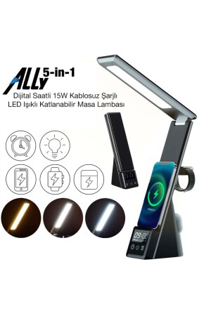 Dijital Saatli 15w Kablosuz Şarjlı Led Işıklı Katlanabilir Masa Lambası Beyaz 35278 - 8