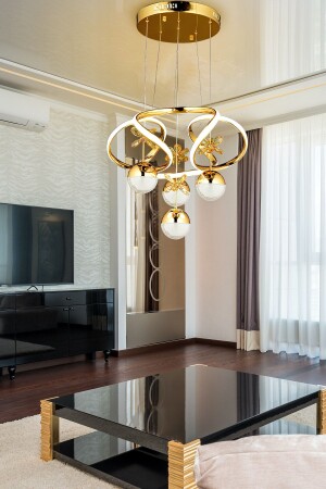 Dimmerli Kumandalı Modern Sarkıt Kristal Taşlı Led Avize Gold Sarı Ledli Avize Kademeli 3 Renk - 4