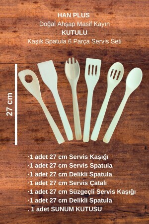 Doğal Ahşap Masif Kayın Tahta Kaşık Spatula Servis Seti – Kutulu 6 Parça HNPLS48 - 8