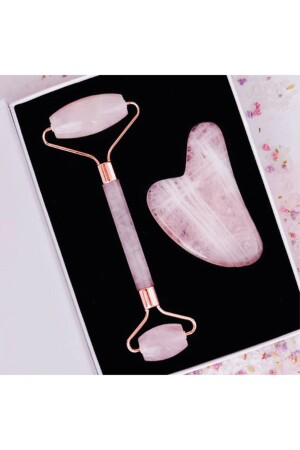 Doğal Taş Pembe Kuvars Face Roller Ve Pembe Kuvars Kalp Gua Sha Yüz Masaj Aleti Premium Set Pedrasset - 1