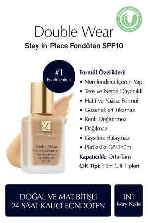 Doğal ve Mat Bitişli - Double Wear Stay-in-Place Fondöten SPF 10 ( 1N1 Ivory Nude ) - 30 ml - 2