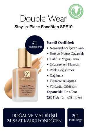 Doğal ve Mat Bitişli - Double Wear Stay-in-Place Fondöten SPF 10 ( 2C1 Pure Beige ) - 30 ml - 2