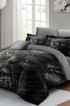 Doppelbett-Bettbezug-Set, eng gewebter Baumwollsatin, 3D-Spezialdesign, Serious Cat, Natur (ohne Laken) PERLASERA31152 - 4