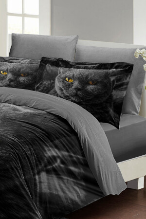 Doppelbett-Bettbezug-Set, eng gewebter Baumwollsatin, 3D-Spezialdesign, Serious Cat, Natur (ohne Laken) PERLASERA31152 - 6