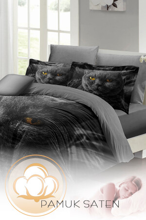 Doppelbett-Bettbezug-Set, eng gewebter Baumwollsatin, 3D-Spezialdesign, Serious Cat, Natur (ohne Laken) PERLASERA31152 - 7