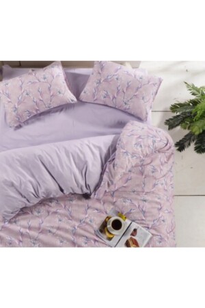 Doppelbett-Bettbezug-Set mit Blumen-Lavendel-Muster, beidseitig verwendbares Bettlaken, einfarbig, Flieder, Doppelbett-Bettbezug-Set - 6