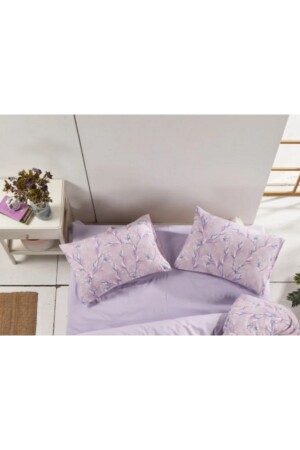 Doppelbett-Bettbezug-Set mit Blumen-Lavendel-Muster, beidseitig verwendbares Bettlaken, einfarbig, Flieder, Doppelbett-Bettbezug-Set - 8