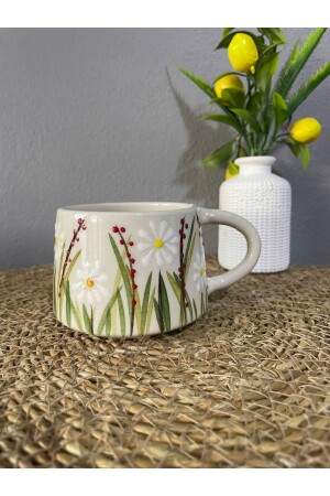 Doppelte Kaffeetasse aus Keramik, weißes Gänseblümchen - 4