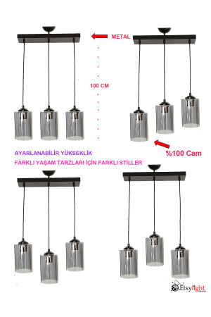 Dora Füme Glass Sıralı Lüx 3 Mutfak Avize, Salon Avize, Yemek Masası Avize S33503SR - 5