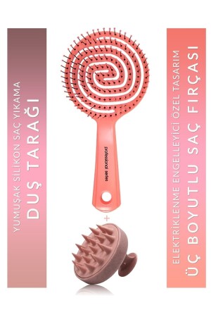 Dreidimensionale ovale Haarbürste Pink Pro + Duschmassagekamm aus rosa Silikon - 1