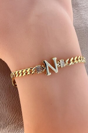 Dreidimensionales Gourmet-Kettenarmband mit Buchstaben „N“ aus vergoldetem Zirkonstein aus Silber und Gold SGTL12300GOLD-N - 2