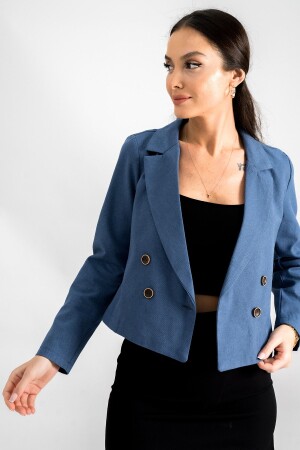 Dunkelblaue zweireihige Gabardine-Kurzjacke mit Kragen für Damen ARM-24Y001010 - 1