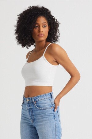 Ecrufarbenes Crop-Top für Damen aus Scuba-Stoff mit Seilträgern - 2