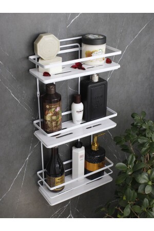 Edelstahl-Dreifach-Badezimmer- und Kosmetik-Organizer mit Kristallablage, weißes Badezimmerregal, selbstklebender Shampoo-Halter HMY-LŞ03B - 1