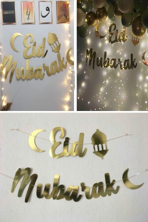 Eid Mubarak Gold Yazı Ledli Balon Zincir Seti Arapça Banner Ramazan Bayramı Oda Süsleme Dekor 2mt - 5