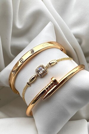 Eid-Special 3-teiliges Goldstein-Handschellen-Nägel- und Stein-verstellbares Armband-Set - 2