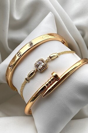 Eid-Special 3-teiliges Goldstein-Handschellen-Nägel- und Stein-verstellbares Armband-Set - 5