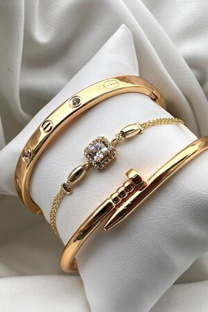 Eid-Special 3-teiliges Goldstein-Handschellen-Nägel- und Stein-verstellbares Armband-Set - 6