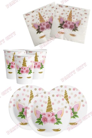 Einhorn-Geburtstags-Teller, Becher, Servietten-Set mit Blumenmotiv für 8 Personen - 2