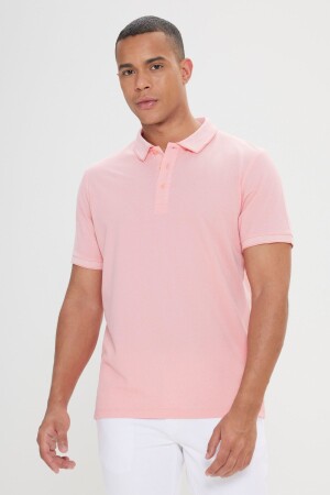 Erkek Çekmeyen Pamuklu Kumaş Slim Fit Dar Kesim Pembe-Beyaz Kıvrılmaz Polo Yaka Tişört - 1