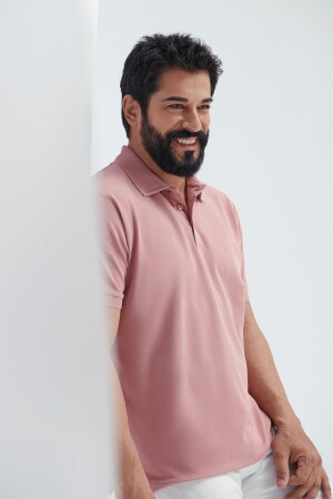 Erkek Gül Kurusu %100 Pamuk Kıvrılmaz Yaka Slim Fit Dar Kesim Polo Yaka Kısa Kollu Tişört - 1