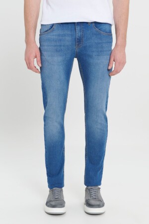 Erkek Lacivert Ekstra Slim Fit Dar Kesim Rıss Pamuklu Esnek Denim Jean Kot Pantolon ET0100000001 - 4