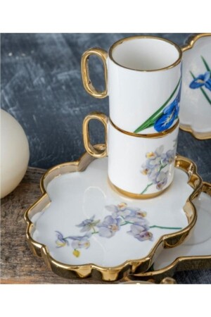 Etnical Flower Pattern Goldvergoldetes Servierteller-Set mit 6 Porzellan-Kaffeetassen 0170 1025070. 0037 - 6