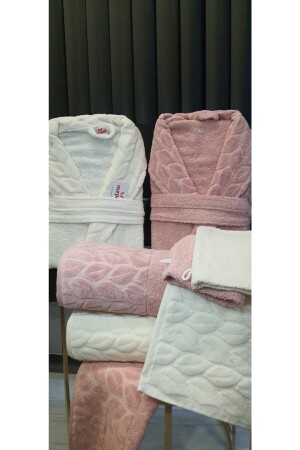 Familien-Bademantel-Set Hazal, 8-teilig, 100 % Baumwolle, Dusty Rose-Creme, verpackt - 3