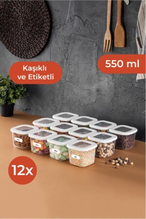 Foly 12'li Set Küçük Boy 0,55 Litre Etiketli Kaşıklı Kare Erzak Saklama Kabı Beyaz BNM12LI - 6