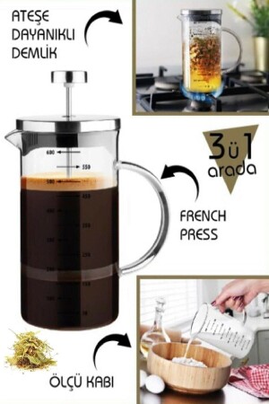 French Press Bitki Çayı Demliği Filtre Kahve Ataşe Dayanıklı Demlik Borosilikat Cam Ölçü Kabı 600ml - 6