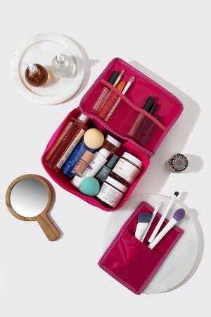 Fuchsia – Make-up-Tasche mit 4 Fächern für Pflege, Reisen, Make-up und Kosmetik - 2