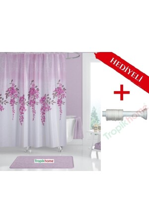 Fuşya Banyo Perdesi 180x200cm Askı Hediyeli Banyo Duş Perdesi- Pembe Renk Sümbül Banyo Perdesi - 1