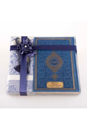 Gebetsmatte + Gebetsperlen + Koran-Geschenkset (mittlere Größe – Marineblau) - 2