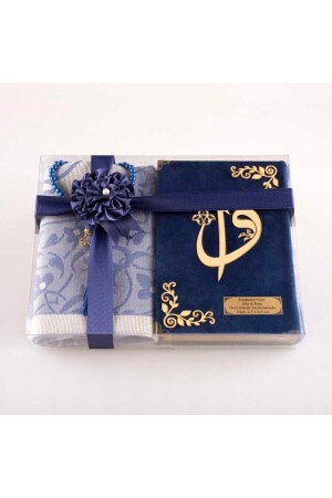 Gebetsteppich + Gebetsperlen + Koran-Geschenkset (Hafiz-Größe – Samt – Marineblau) - 2