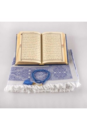 Gebetsteppich + Gebetsperlen + Koran-Geschenkset (Hafiz-Größe – Samt – Marineblau) - 5