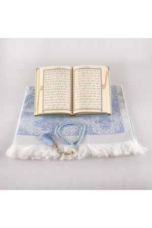 Gebetsteppich + Gebetsperlen + Koran-Geschenkset (Taschengröße – Samt – Hellblau) - 5