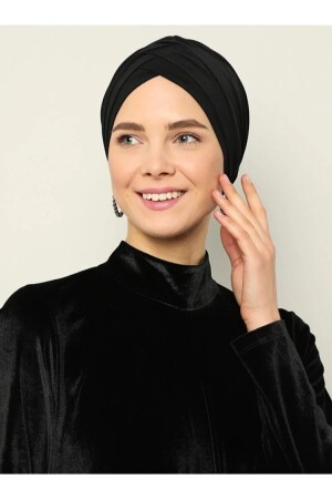 Gekreuzte dreigestreifte Meereshaube. Fertige Hijab-Hijab-Haube in Schwarz - 3