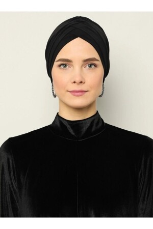 Gekreuzte dreigestreifte Meereshaube. Fertige Hijab-Hijab-Haube in Schwarz - 4