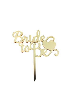 Gelbes Ornament aus Plexiglas mit goldfarbener Aufschrift „Bride To Be“ auf der Torte und Herzdetail auf der goldfarbenen Torte - 1