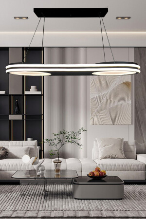 Geniş Model Çift Halkalı Siyah Led Avize, 3 Renk Aydınlatmalı, Kumandalı Modern Avize, Salon Avizesi 3004 - 5